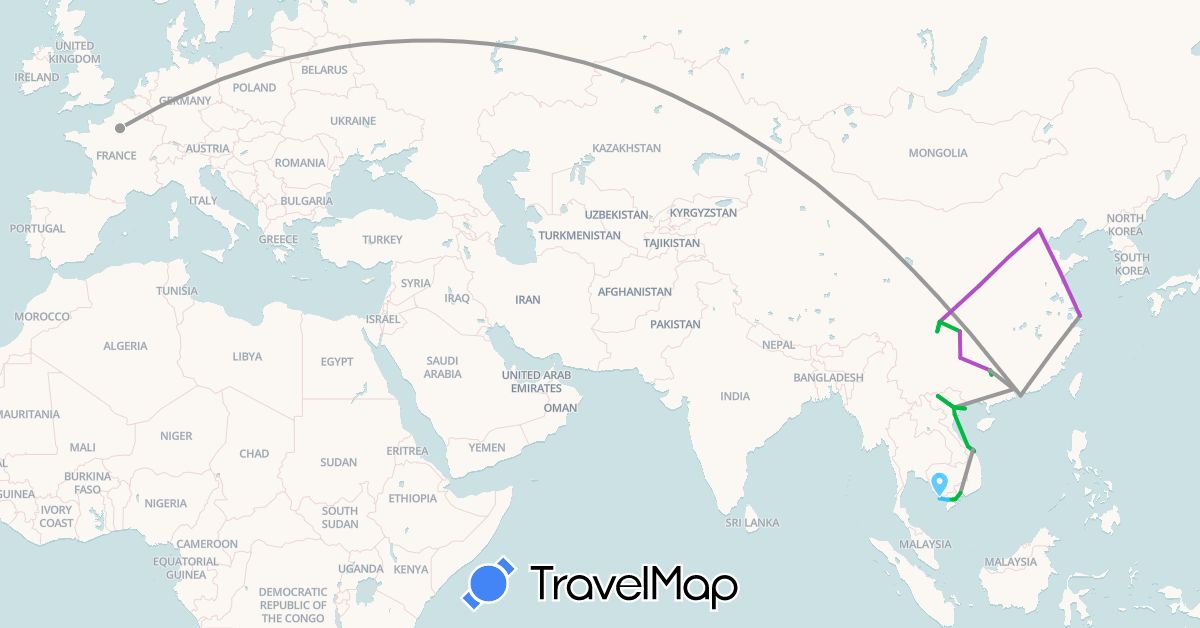 TravelMap itinerary: driving, bus, plane, train, boat in China, France, Hong Kong, Vietnam (Asia, Europe)